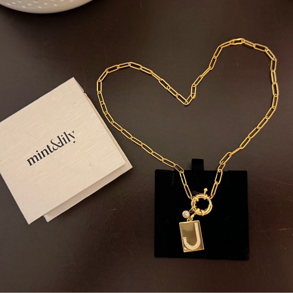 Mint and Lily Pave Initial Pendant Necklace with Paperclip Chain- Initial J